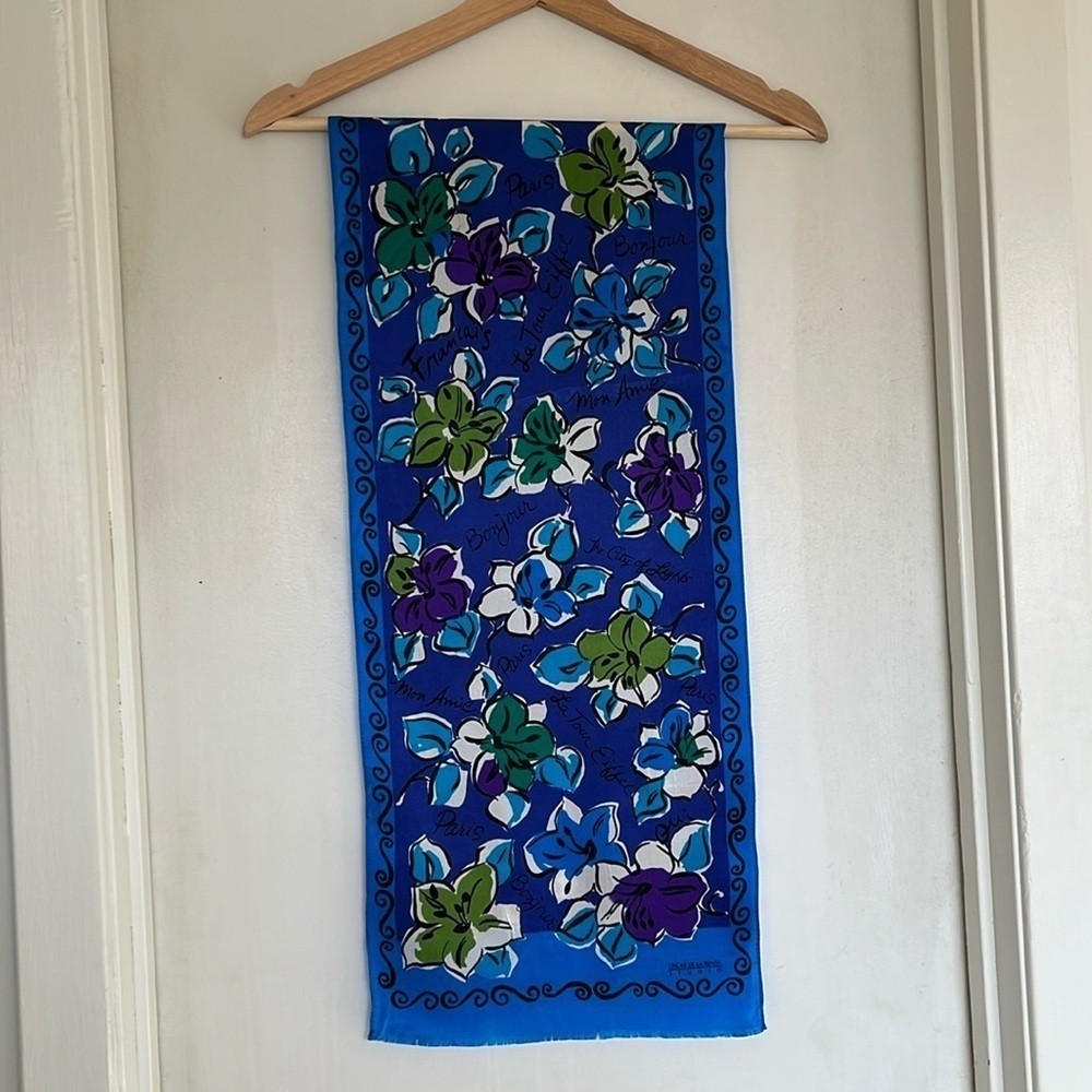 Vintage Oscar de la Renta Studio Silk French Inspired Flower Long Scarf